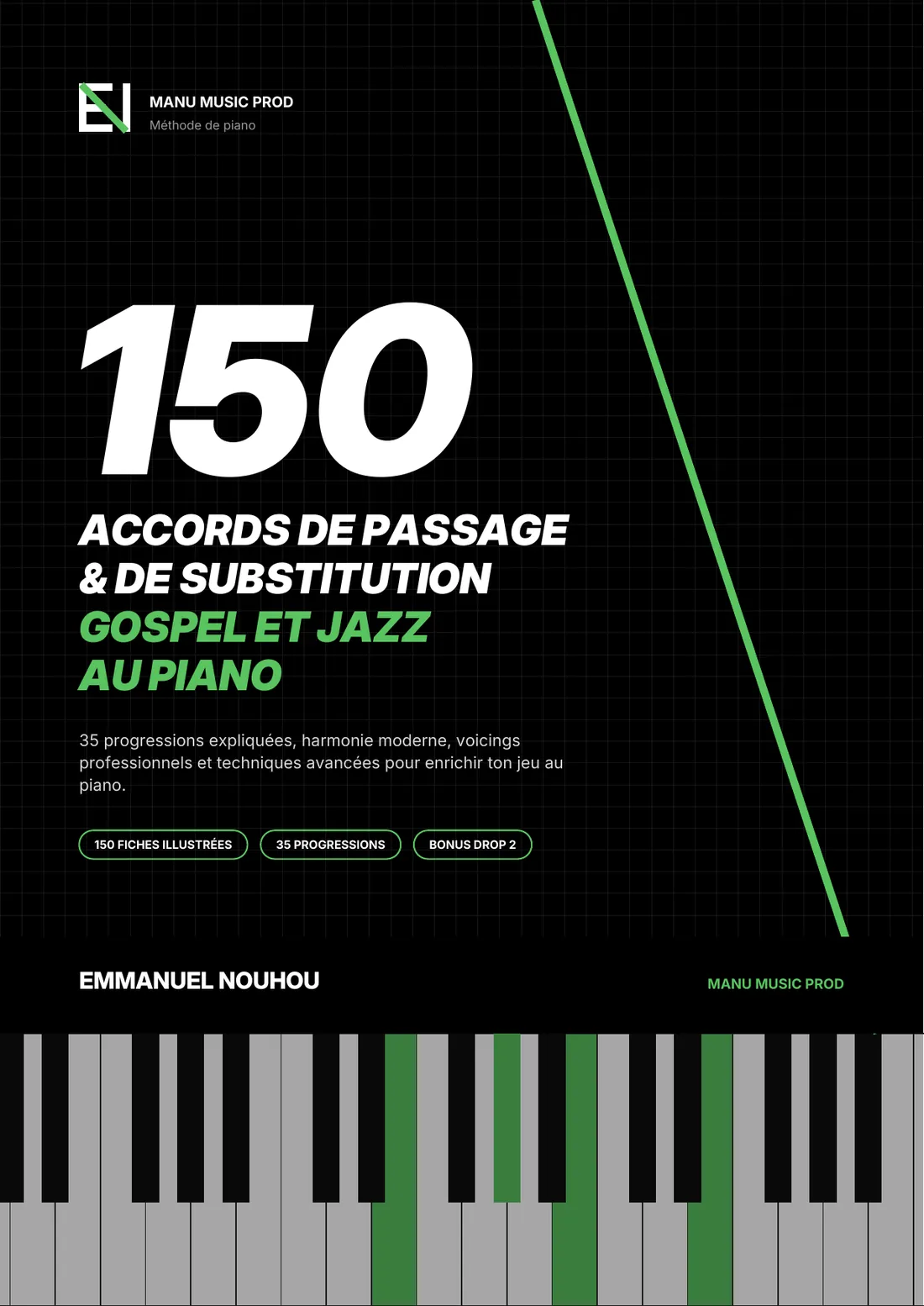 Couverture du guide « 150 accords de passage et de substitution Gospel et Jazz au piano » d'Emmanuel Nouhou