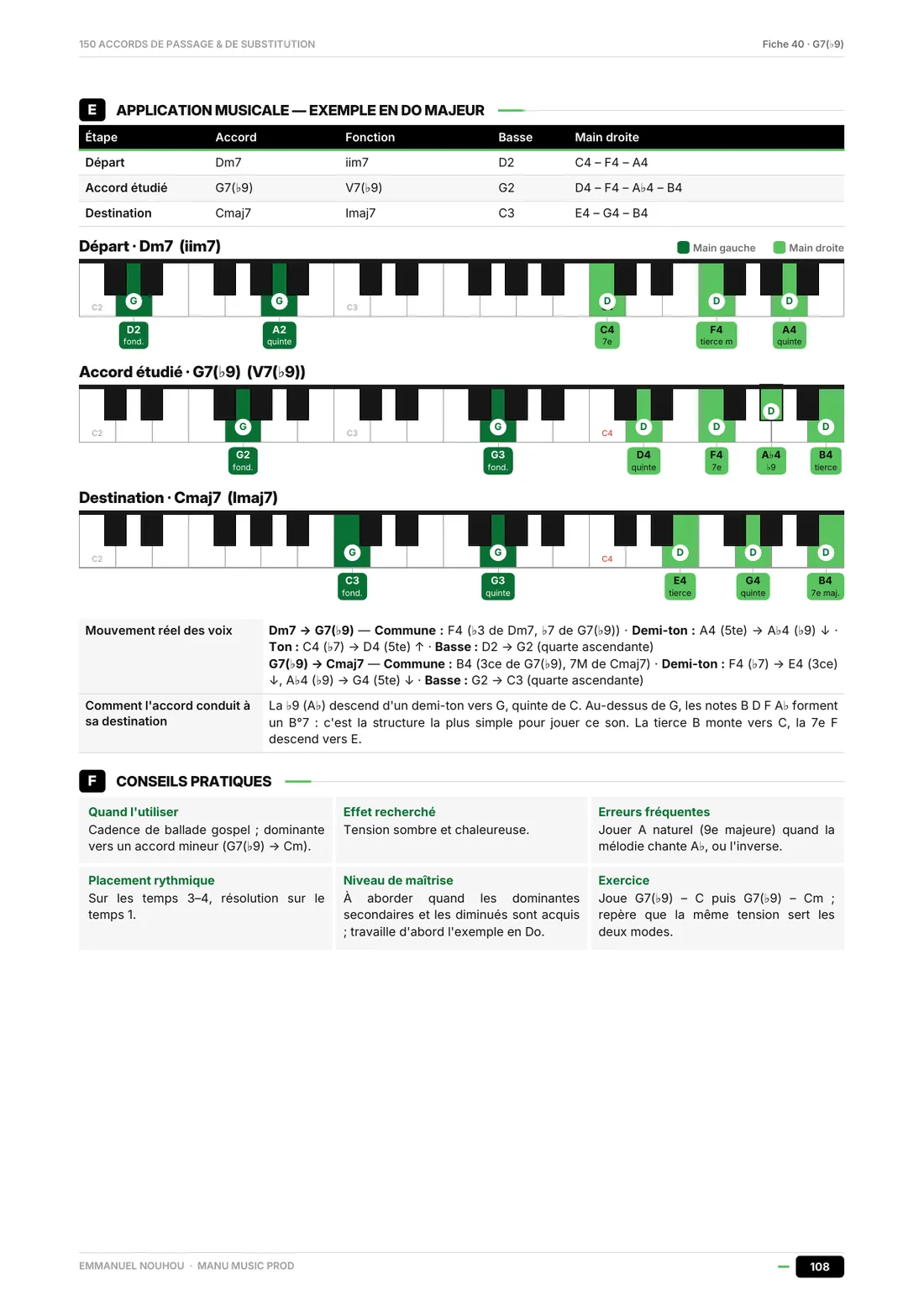 Fiche 040, page 2 : G7(♭9) entre Dm7 et Cmaj7 sur trois claviers